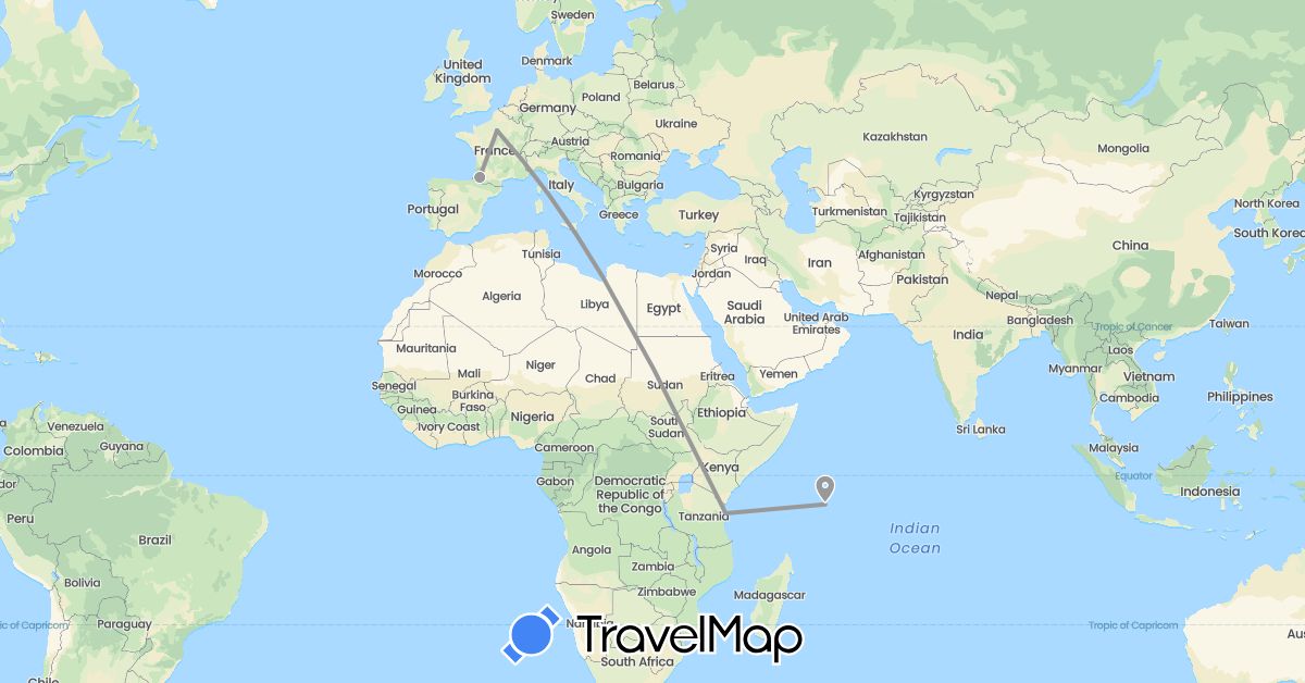 TravelMap itinerary: driving, plane in France, Seychelles, Tanzania (Africa, Europe)